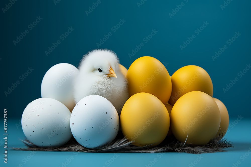 Easter eggs and chickens on a blue wooden background. Minimal concept. Easter card with copy space for text.