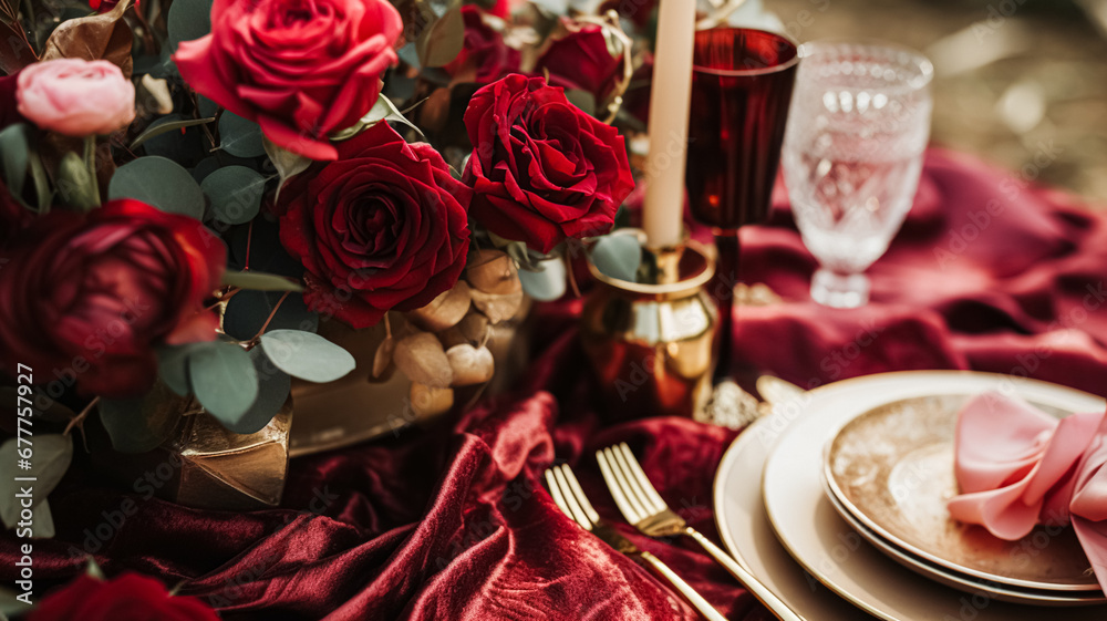 Wedding and event celebration tablescape with flowers, formal dinner table setting with roses and wine, elegant floral table decor for dinner party and holiday decoration, home styling
