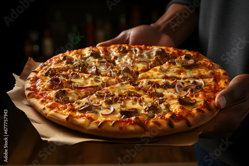 Delivery man hands, presenting a sizzling hot pizza.