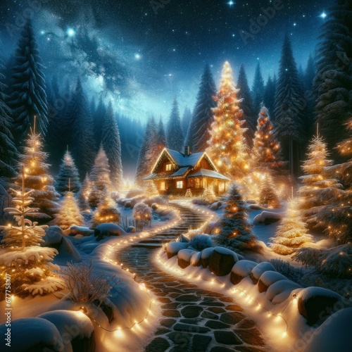 enchanting image featuring a magical, starlit forest with a pathway leading to a cozy cottage adorned with holiday decoration.