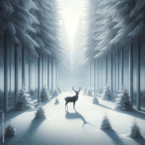 peaceful and serene image with a minimalist illustration of a lone deer standing amidst a snowy forest.