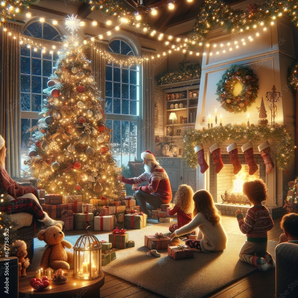 A cozy living room adorned with twinkling lights and a beautifully decorated Christmas tree as the centerpiece