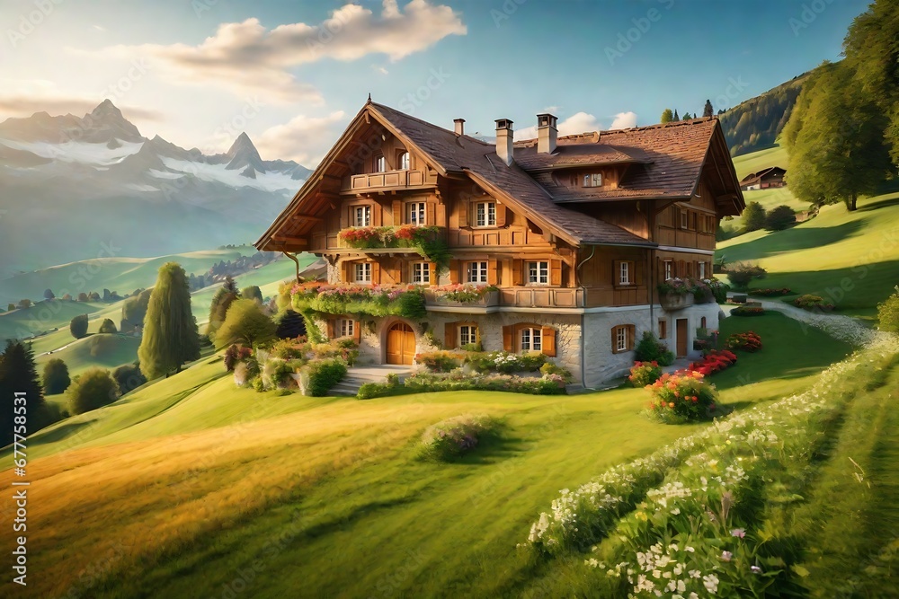 Escape to an inviting and serene Swiss countryside retreat, where a fairytale house is nestled among rolling hills and meadows