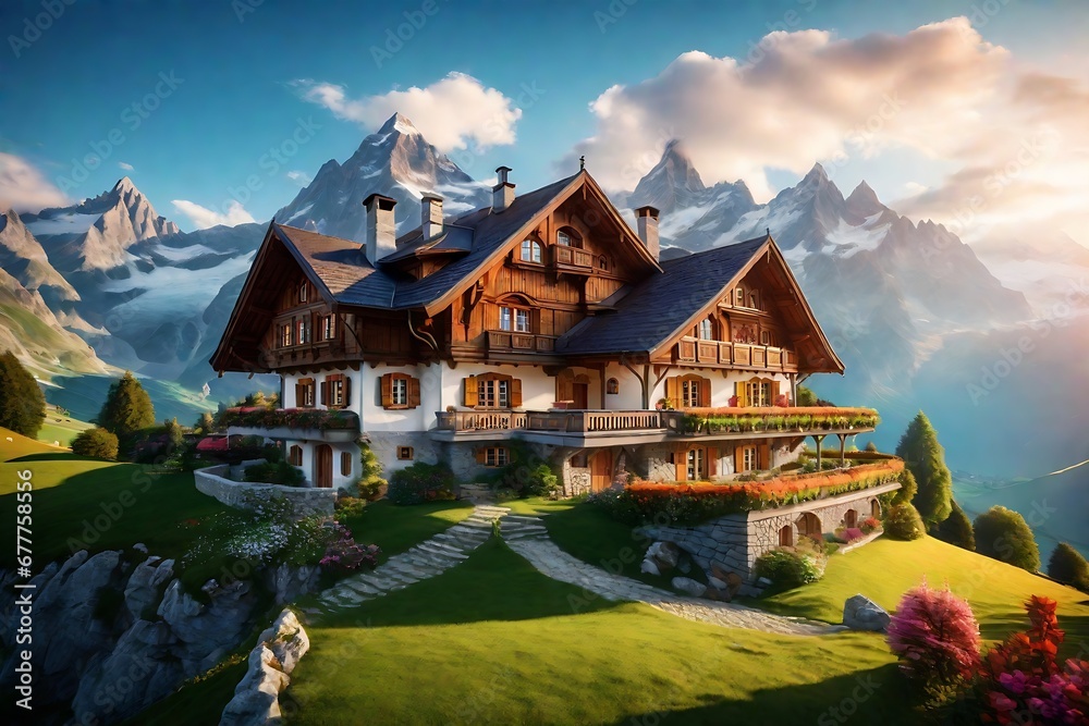 Alpine fantasy home, nestled in the picturesque Swiss countryside, creating a fairytale-like atmosphere. Alpine fantasy home, nestled in the picturesque Swiss countryside, creating a fairytale-like atmosphere.