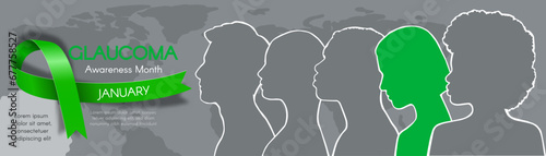 Long Horizontal banner for Glaucoma Awareness Month with a green ribbon, diverse people, and a world map. Modern flat vector illustration
