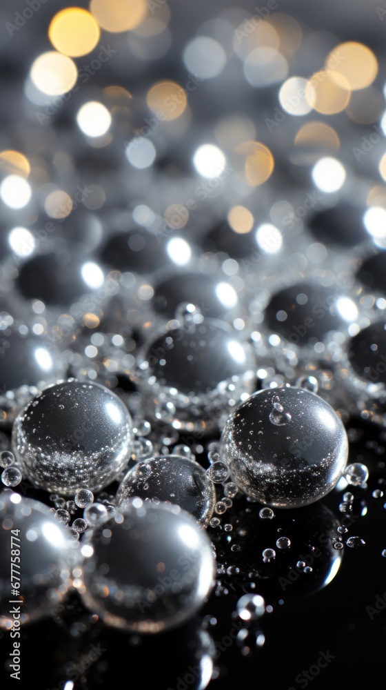 silver balls with water drops on black glass. vertical
