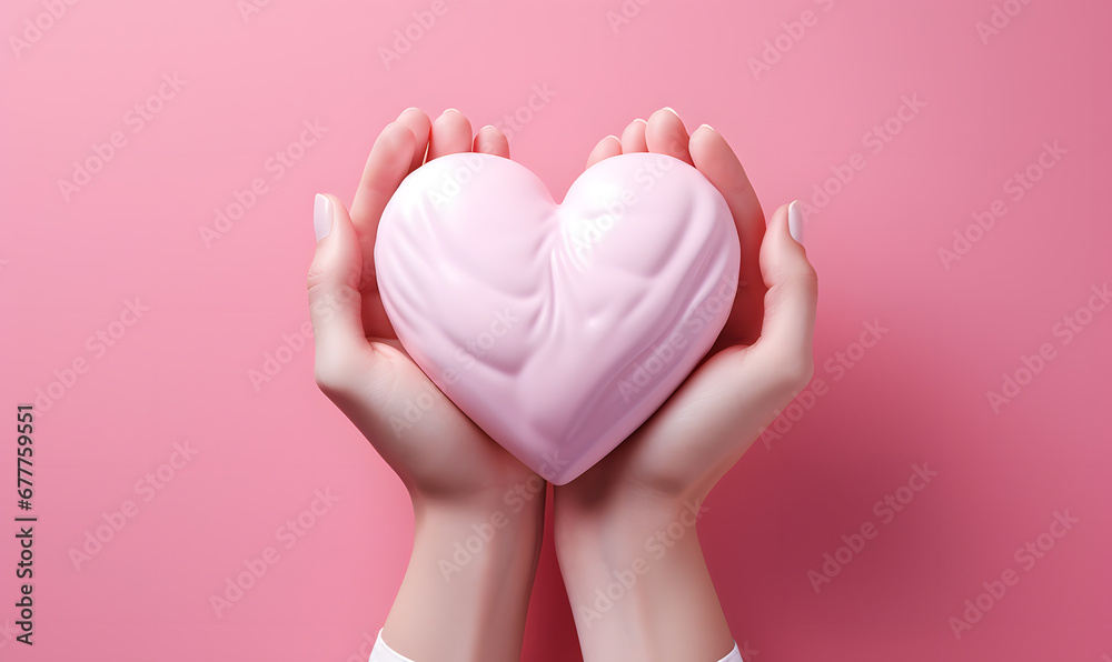 Female hand holding white heart isolated on pink background Female hand holding white heart isolated on pink background