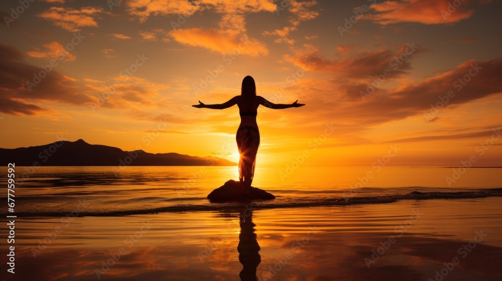 photography of woman and the practice yoga on the beach, sunset colors, beach background, stock photo.
