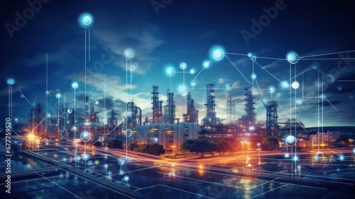 Modern factory  communication network. Telecommunication. IoT  Internet of Things  ICT  Information communication Technology . Smart factory. Digital transformation  cloud connecting  generate by AI