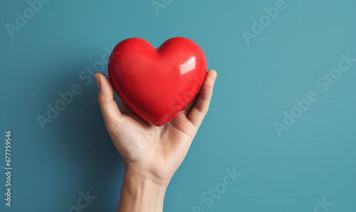 Female hand holding red heart isolated on blue background 