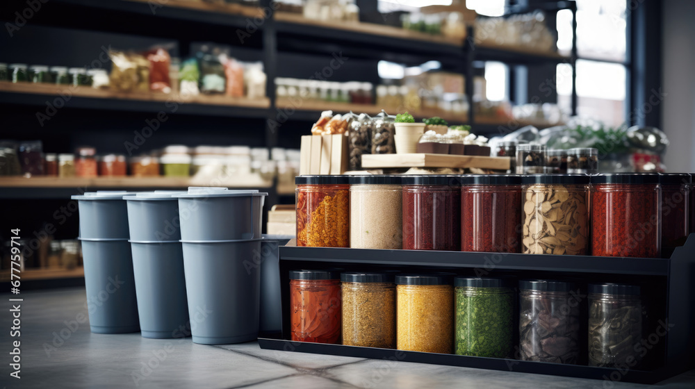 A zero-waste store with bins of bulk products and reusable containers