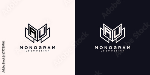 Initials letter RU with book line art education logo symbol vector illustration