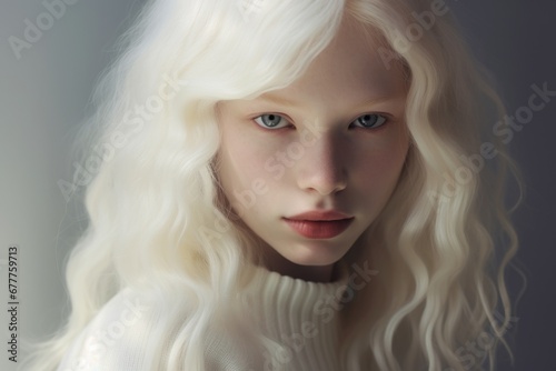 A woman with long white hair and striking blue eyes. This image can be used to portray beauty  mystique  or uniqueness.