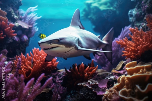 A powerful shark gracefully swims in an aquarium surrounded by vibrant corals. Perfect for marine life enthusiasts and educational materials about ocean ecosystems.