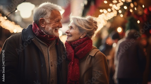 An elderly couple in scarves walk and enjoy life at the New Year's fair. close up