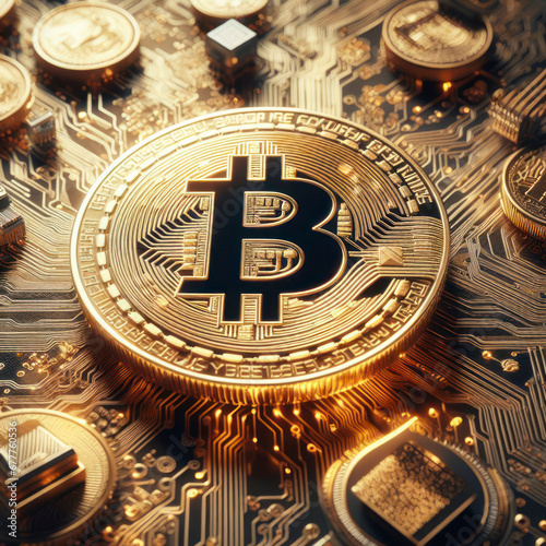 a golden Bitcoin crypto blockchain technology. ai generative photo