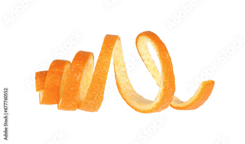 Peel of fresh orange fruit isolated on a white background. Single orange peel. Orange twist.