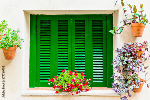 Beautiful window views of the famous town of Valldemosa, Mallorca, Balearic Islands, Spain	 photo