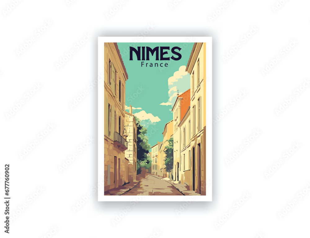 Fototapeta premium Nimes, France. Vintage Travel Posters. Vector art. Famous Tourist Destinations Posters Art Prints Wall Art and Print Set Abstract Travel for Hikers Campers Living Room Decor