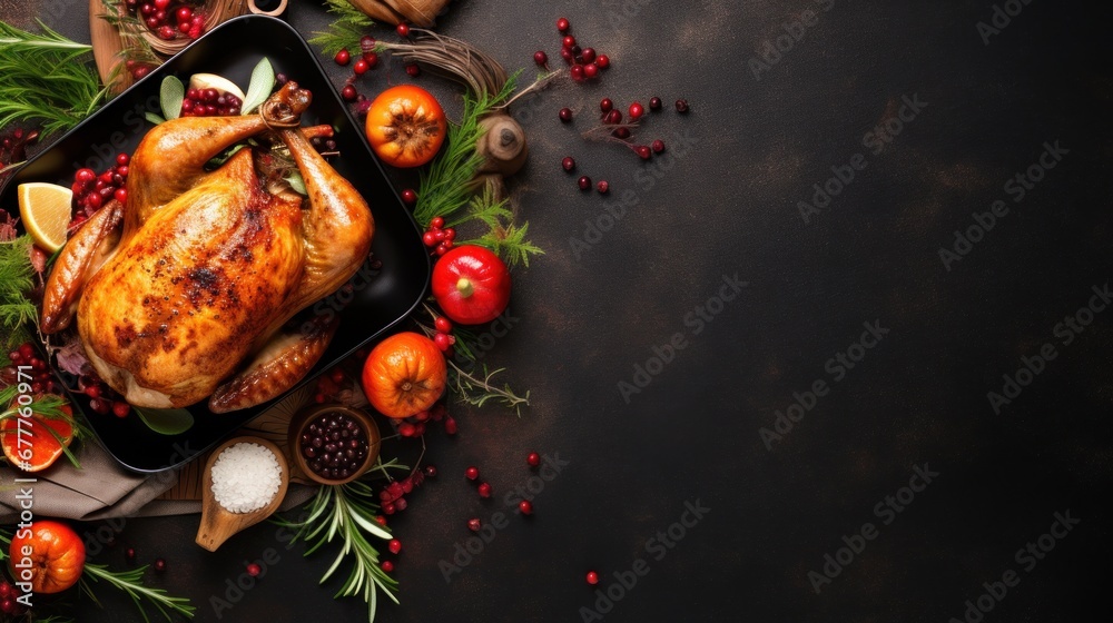 thanksgiving day, traditional baked golden turkey on a dark matte surface, top view, copy space, banner
