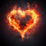 Minimal love concept of heart shaped made of fire. Dark background. Creative Valentine's Day.	