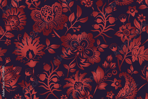 Red and black seamless floral pattern. Decorative wrapping paper with flowers and plants. Stylized flowers design for fabric, textile, cover, paper, web, scrapbooking, rug 