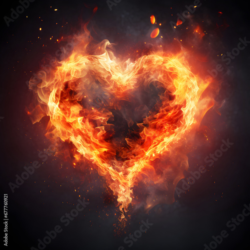Minimal love concept of heart shaped made of fire. Dark background. Creative Valentine's Day. 