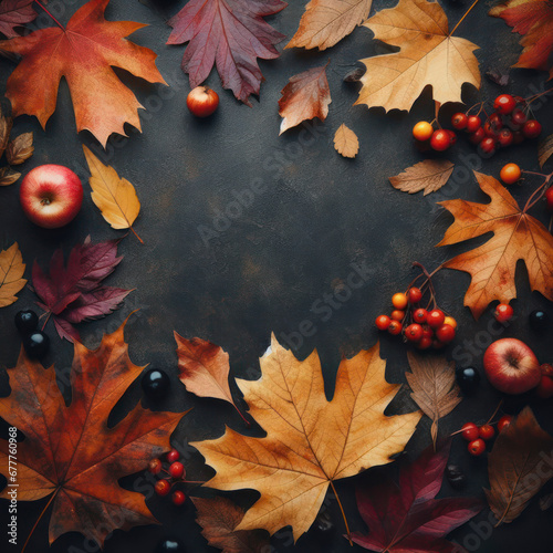 Autumn leaves background on a dark surface top view with copy space. ai generative