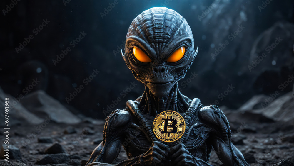 An alien with a golden Bitcoin on the moon. An alien with a golden Bitcoin on the moon.
