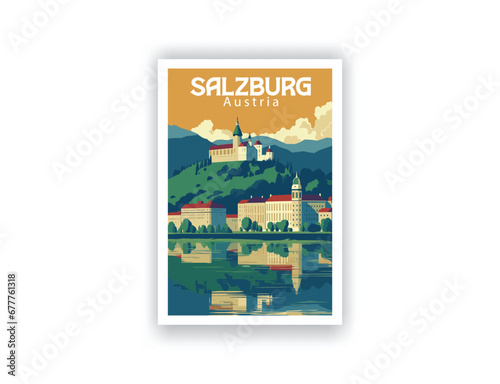 Salzburg, Austria. Vintage Travel Posters. Vector art. Famous Tourist Destinations Posters Art Prints Wall Art and Print Set Abstract Travel for Hikers Campers Living Room Decor
