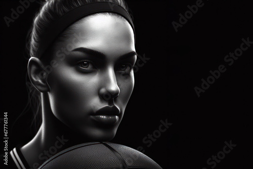 Black and white photorealistic studio portrait of a basketball player on black background. ai generative