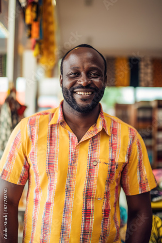 African Shop Owner's Smiles of Achievement. His hard work pays off as he proudly opens his store.