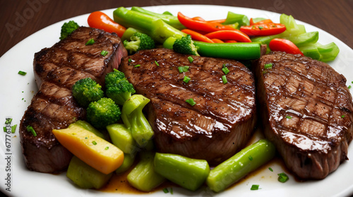 Close up of sirloin steak on a white plate with vegetable