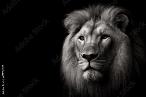 Black and white photorealistic studio portrait of a Male Lion on black background. ai generative © Igor