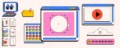 Computer desktop in 90's style. Y2K web and graphic design concept. App windows, shortcuts, icons. Trendy style of neobrutalism.