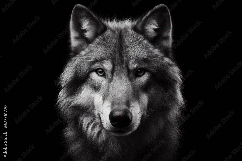 Black and white photorealistic studio portrait of a Wolf on black background. ai generative