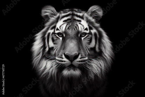 Black and white photorealistic studio portrait of a Tiger on black background. ai generative © Igor