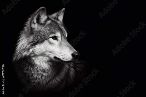 Black and white photorealistic studio portrait of a Wolf on black background. ai generative