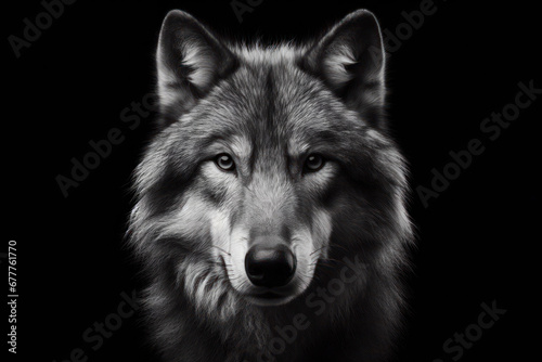 Black and white photorealistic studio portrait of a Wolf on black background. ai generative