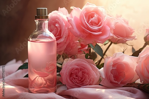 Romantic Pink Roses and Perfume Bottle on Pink Cloth
