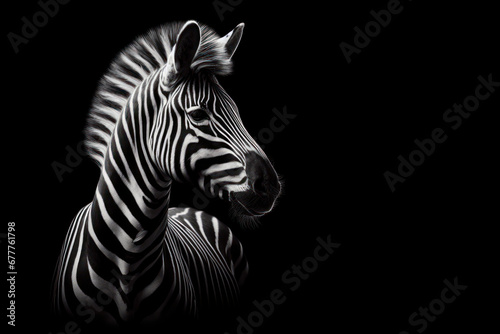 Black and white photorealistic studio portrait of a Zebra on black background. ai generative
