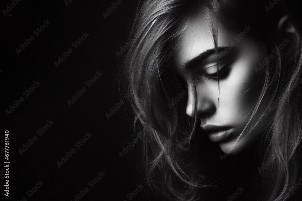 black and white portrait of a woman cry. ai generative