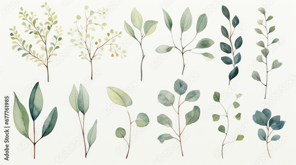 Watercolor minimalist leaves and flowers concept art - obrazy, fototapety, plakaty 