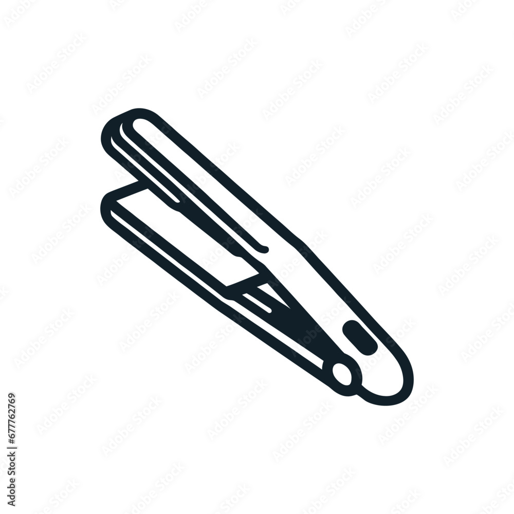 Black line icon of hair straightener, hair styling tool isolated on white background. Vector illustration