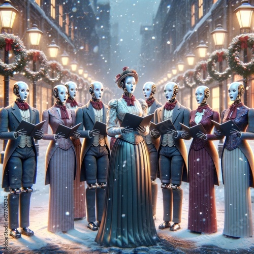 humanoid robots dressed in Victorian-era attire, singing Christmas carols on a snowy street. photo