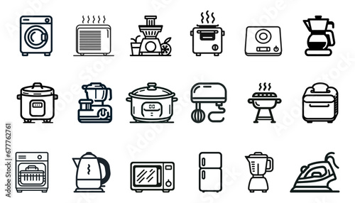 Set of Black Line Vector Icons for Kitchen Appliances Isolated on White Background. Vector illustration