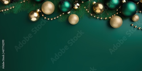 Christmas frame with balls on a green background, flat lay. Generative AI