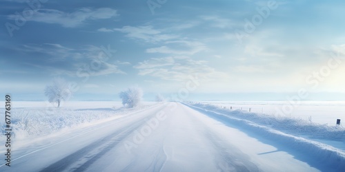 Empty Winter Road Covered in Snow. Generative AI © Nopparat