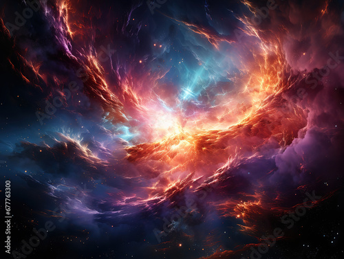 Abstract background resembling a cosmic explosion, with swirling dust clouds. Generative ai