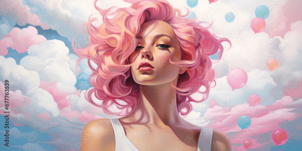 A pastel pink and delicate romantic portrait of a curly haired beautiful girl who is in the clouds of love. Gentle colors.